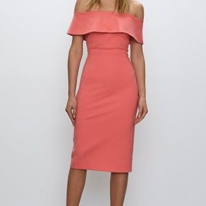 Aritzia Coral One-Shoulder Ruffle Midi Dress